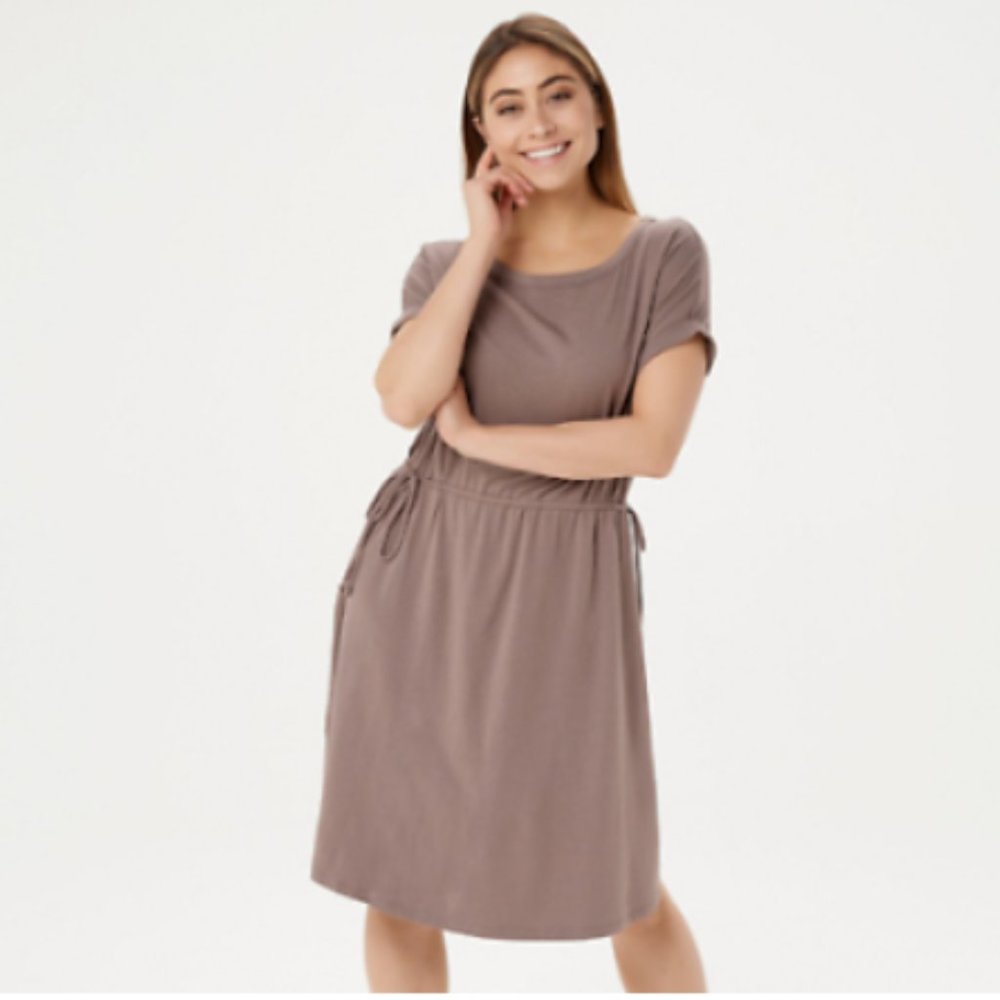 AnyBody cinched waist dress color - Smokey Taupe